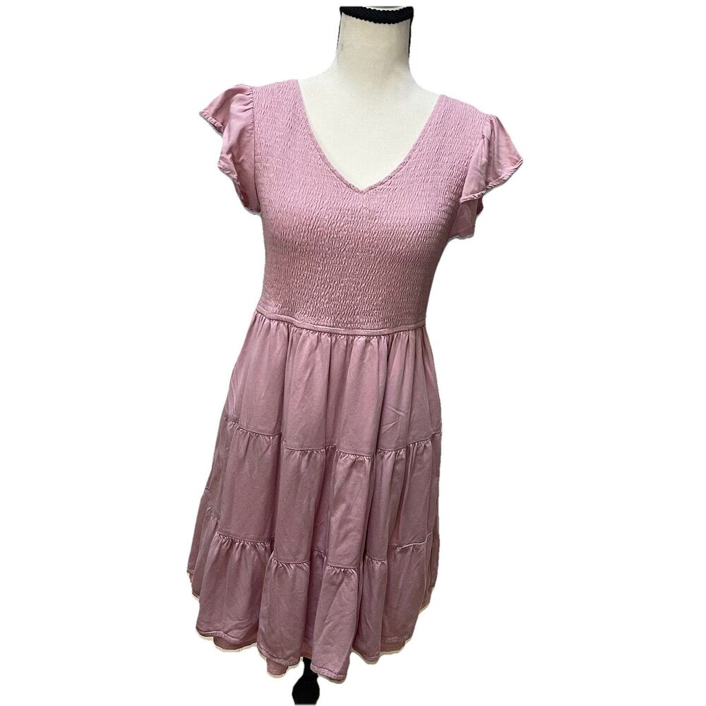 Zesica Pink Smocked Tiered Midi Dress L Flutter Sleeve Boho Coastal Cowgirl Rose